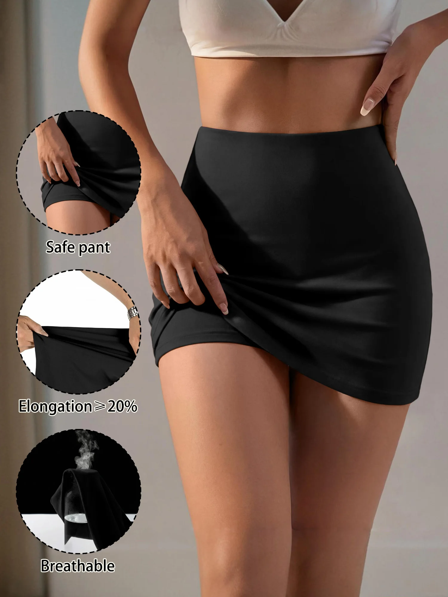 High-Rise-Slimming-Bodycon-Skort mit integrierten Sicherheitsshorts, nicht transparent, elastischer Bund, Alltags-Outfit für die Straße. – Detail 10