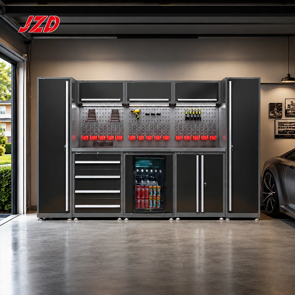 JZD Modular Matte Black Garage Cabinets Set with Integrated Refrigerator and Trash Can Steel Workshop Workbench
