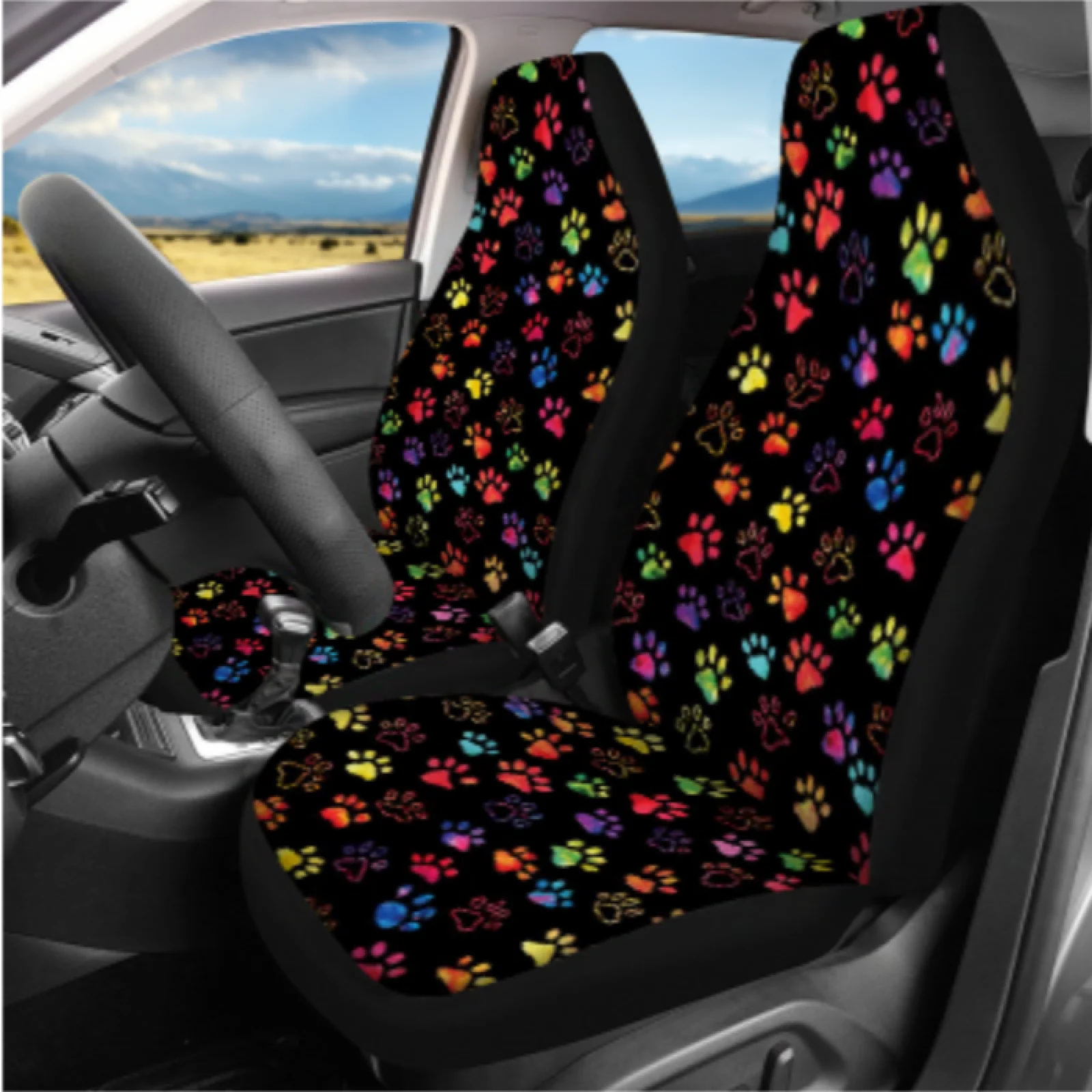 Coloranimal Paw prints 14 Pcs Car Seat Covers Sets with Soft Steering Wheel Cover and Auto Cup Coaster for Universal Fit
