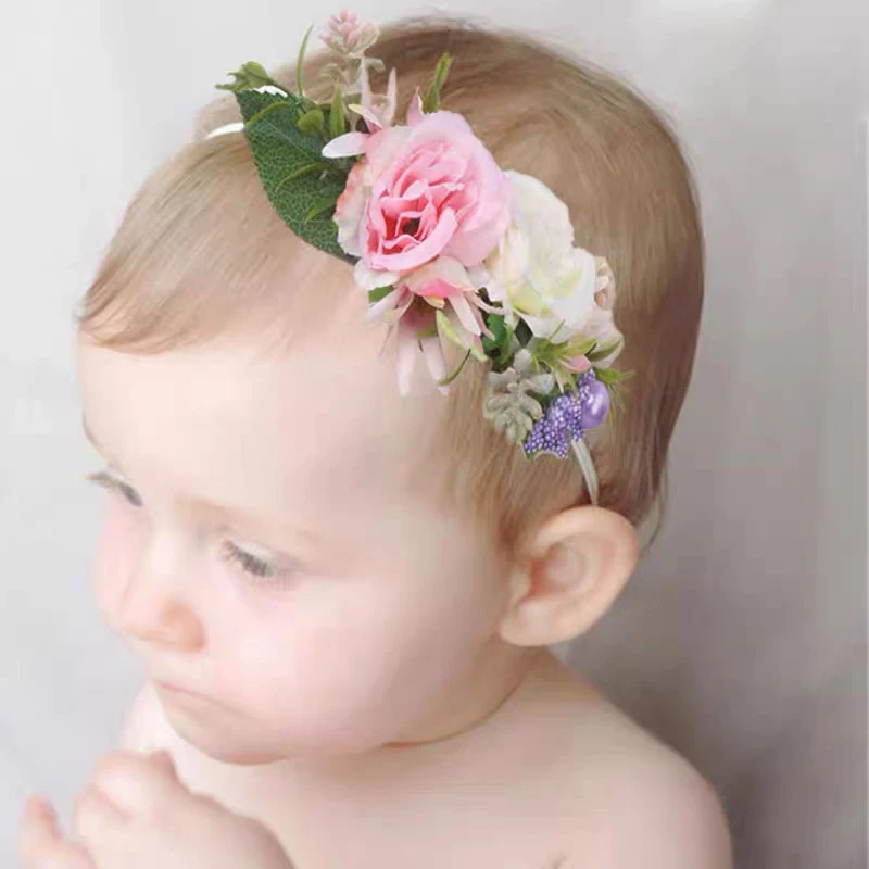 

Boutique Artificial Flower Leaf Headband Newborn Infant Elastic Nylon Hairband Baby Girl Headwear Wedding Decoration Photo Props