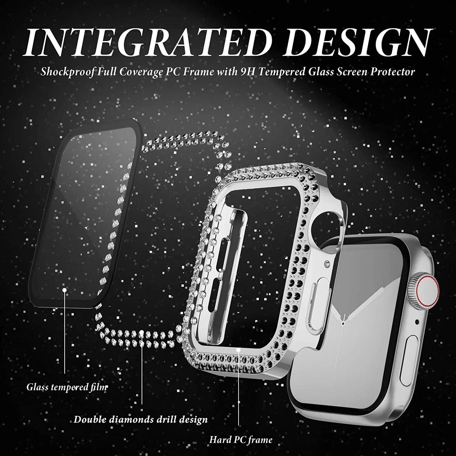 Cubierta de diamante para funda de Apple watch, Protector de pantalla de parachoques de vidrio templado de 45mm, 44mm, 41mm, 40mm, 42mm, 38mm, serie