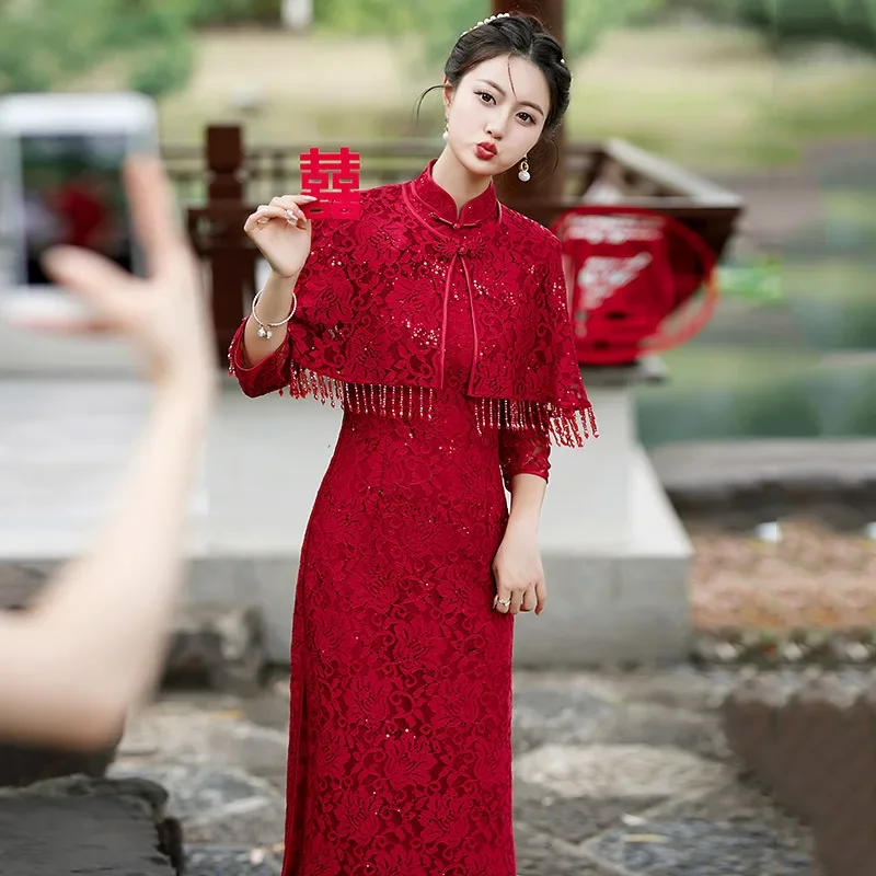 

Spring and Autumn Red National Style Chinese Long Sleeve Improved Cheongsam Women's Retro Wedding Qipao Dress