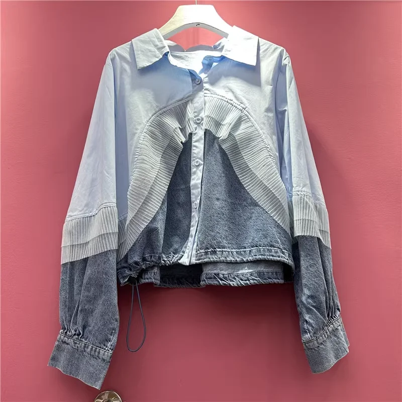 

Женская одежда с двумя пальто контрастного цвета, повседневная верхняя одежда с длинными рукавами, 2021, Ropa Mujer, свободные модные лоскутные джинсовые куртки, топы