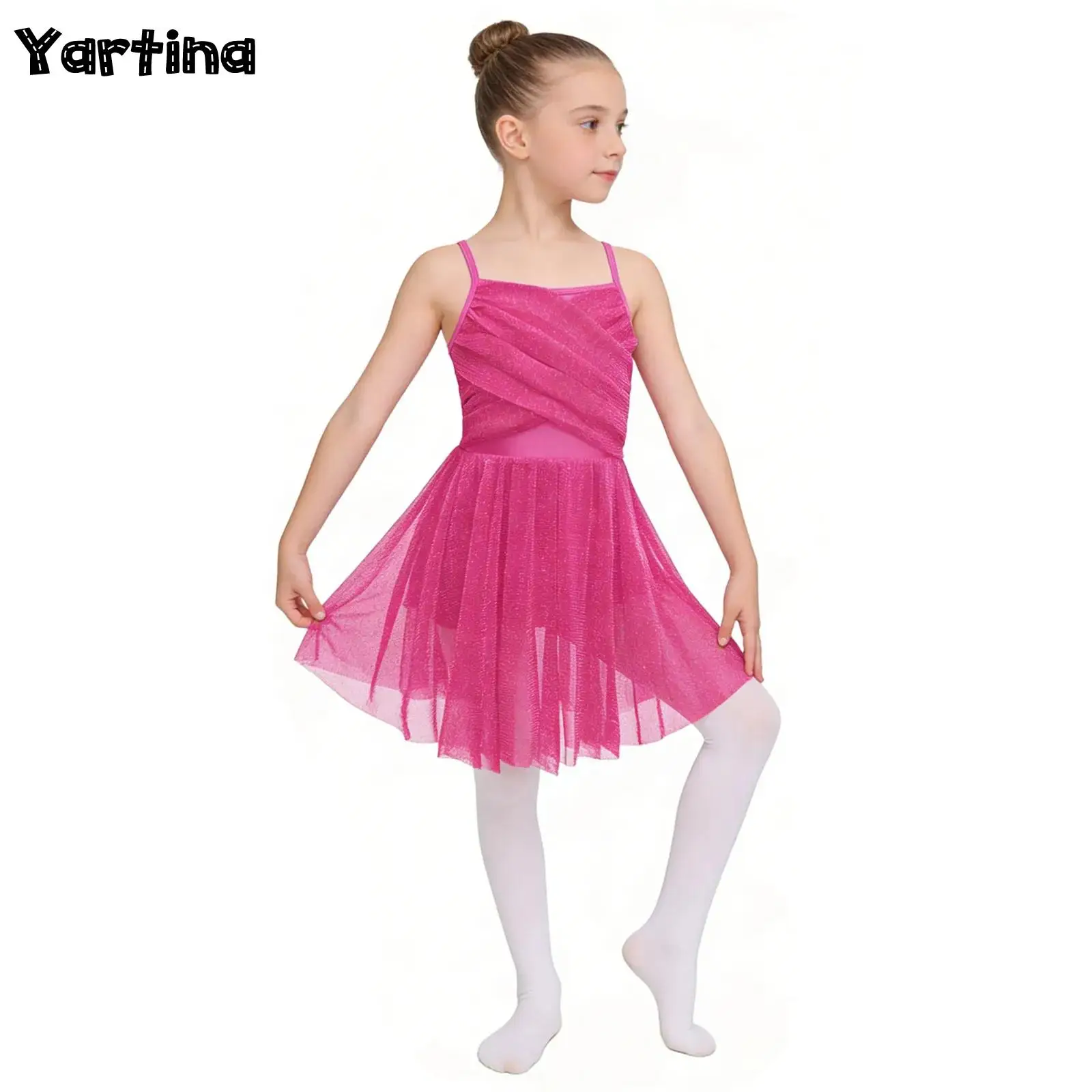 

Kids Girls Glittery Gymnastics Artistic Figure Ice Skating Ballet Jersey Lyrical Dance Leotard Costume Ballet Latin Dance Dress