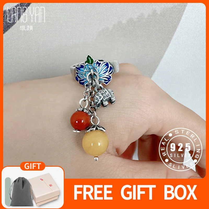 

Langyan эмаль ремесло лотос с кисточкой на удачу кольцо в китайском стиле стерлингового серебра 925 пробы благоприятные регулируемые обручальные кольца ручной работы