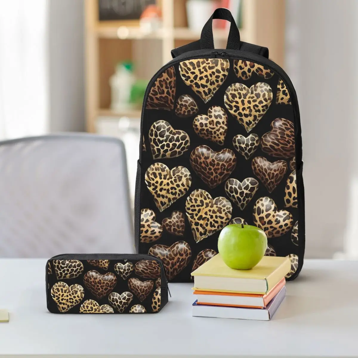 Leopard Print Heart-Shaped Backpack Boys Girls BookBag School Bag Shoulder Bags 3ps Insulated Lunch Bag Pencil Case