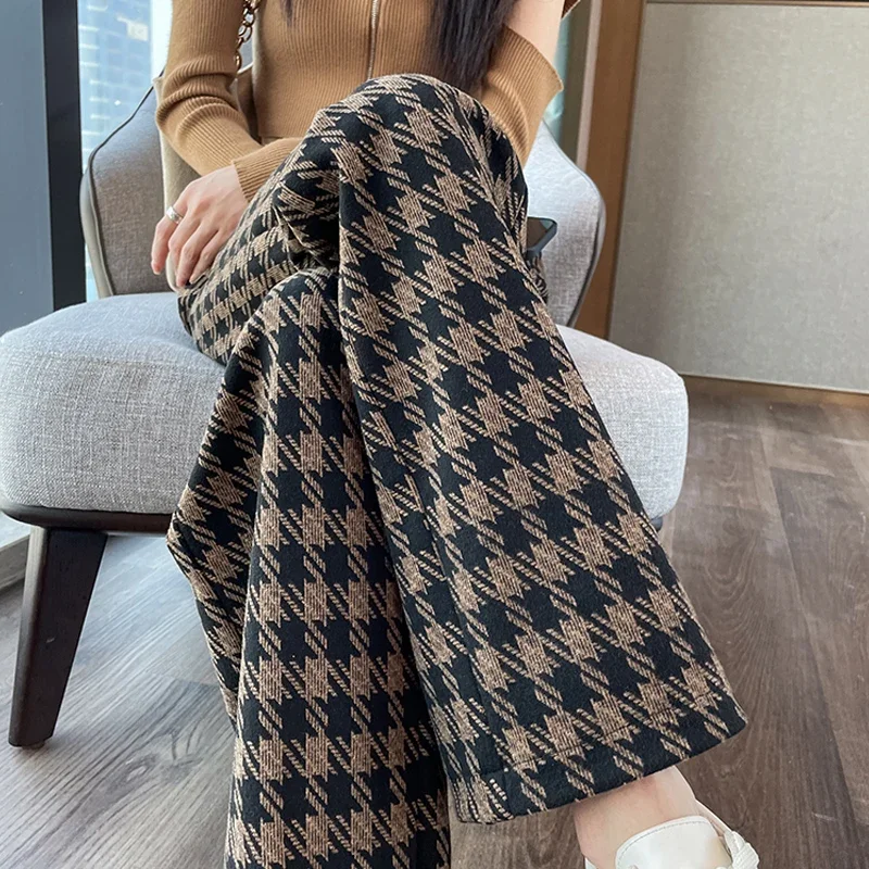 

Women Plaid Tweed High Waist Pants Thicken Velvet Warm Wide Leg Pants Autumn Winter Women Straight Warm Office Trousers