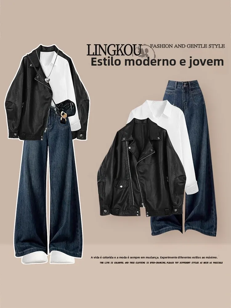 

Stylish Large Size Autumn Set Women's American Retro Leather Jacket Base Shirt High-End Jeans Three-Piece Set Casual Loose Fit