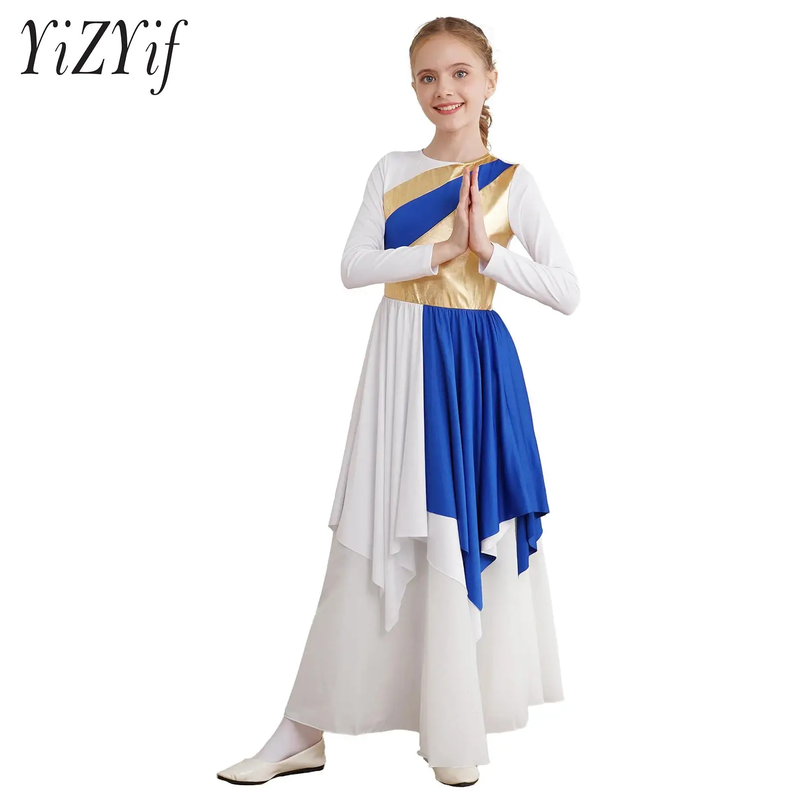 

Kids Girls Praise Lyrical Dance Dress Metallic Asymmetrical Skirt for Worship Performance Costumes (White Dress Not Included)