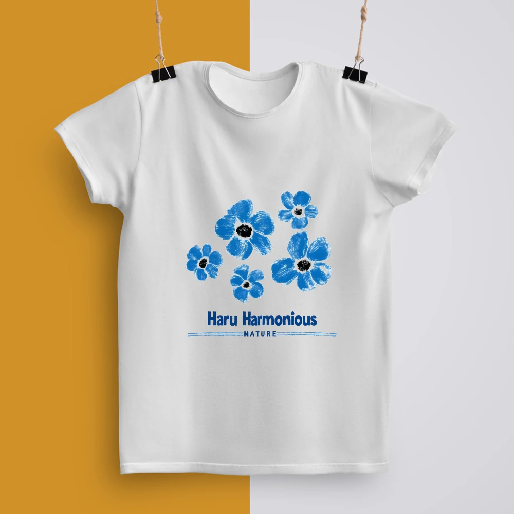 Grafik Damen T-Shirt Streetwear Frühling Sommer Trendy2025 Fast Ship Haru Harmonious Blue FloralPrint Kurzarm Rundhalsausschnitt