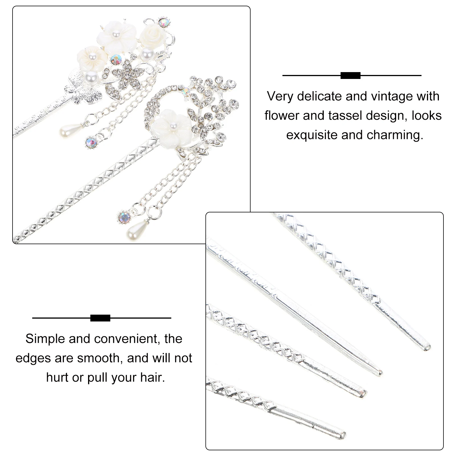 

4 Pcs Vintage Hairpin Headdress Chinese Jewelry Fixing Tassel Flower Stick Zinc Alloy Chopsticks Assorted Color
