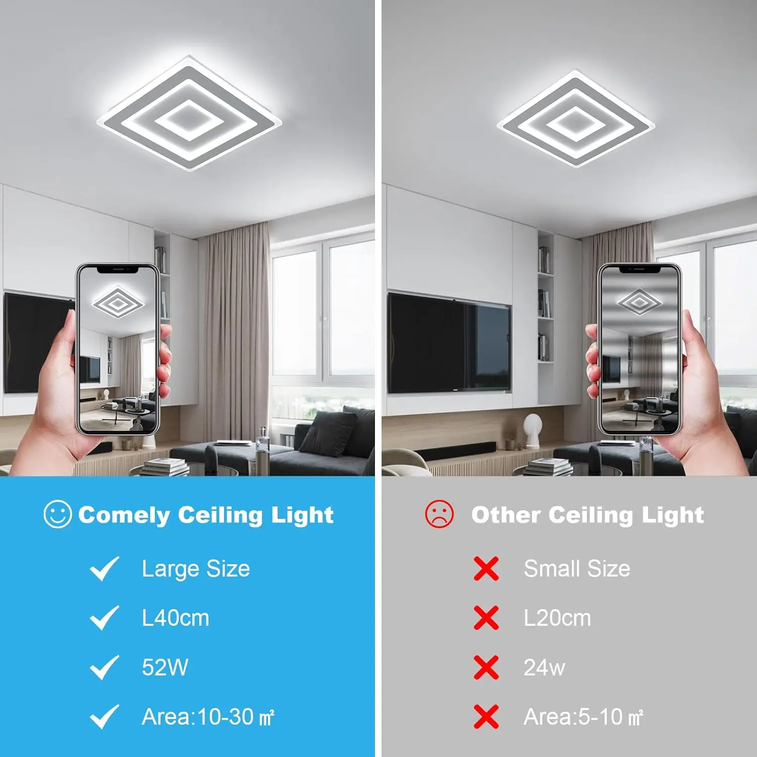 Moderne quadratische LED-Deckenleuchte, 42 W, Acryllampe, 6500 K, kaltweiße Beleuchtung für Schlafzimmer, Wohnzimmer, Flur, Badezimmer – Detail 3