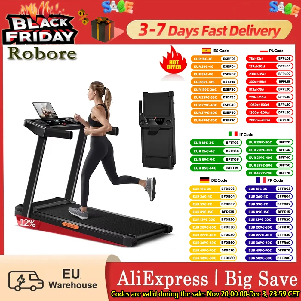 Cinta de correr ROBORE SF10 con 12% inclinación, cinta de correr eléctrica de 12 KM/H, cinta de correr plegable para el hogar con motor de 3,0 HP y pantalla LED