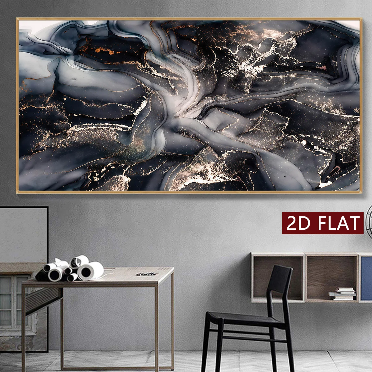 1pc Unframed Canvas Poster Abstract Black Golden Ink Flow Painting Artwork Wall Painting Living Room Wall Decor Home Decoration