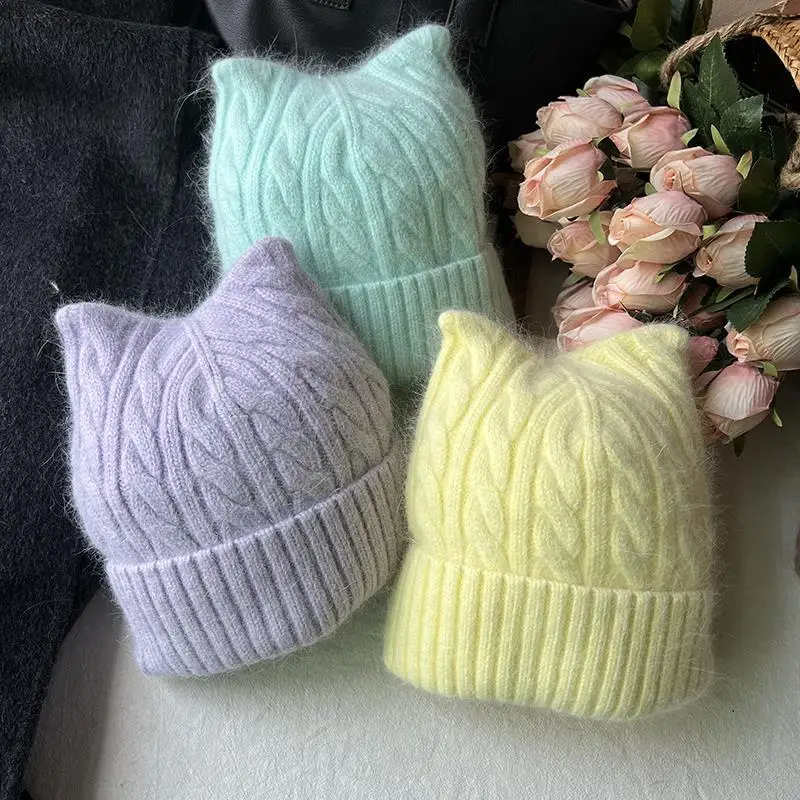 New Cute Cat Ears Y2k Knitted Hat for Women Winter Warm Soft Rabbit Fur Beanies Female Outdoors Ski Cap Woman Skullies Beanies