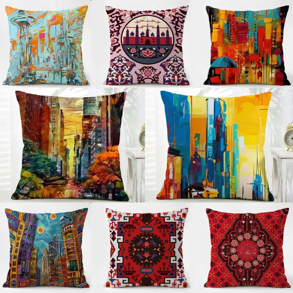 Vibrant Geometric Abstract City Art Oil Style Cushion Cover Iceland Washable Linen Soft  for Daily Sofa Bed Home Room Decor
