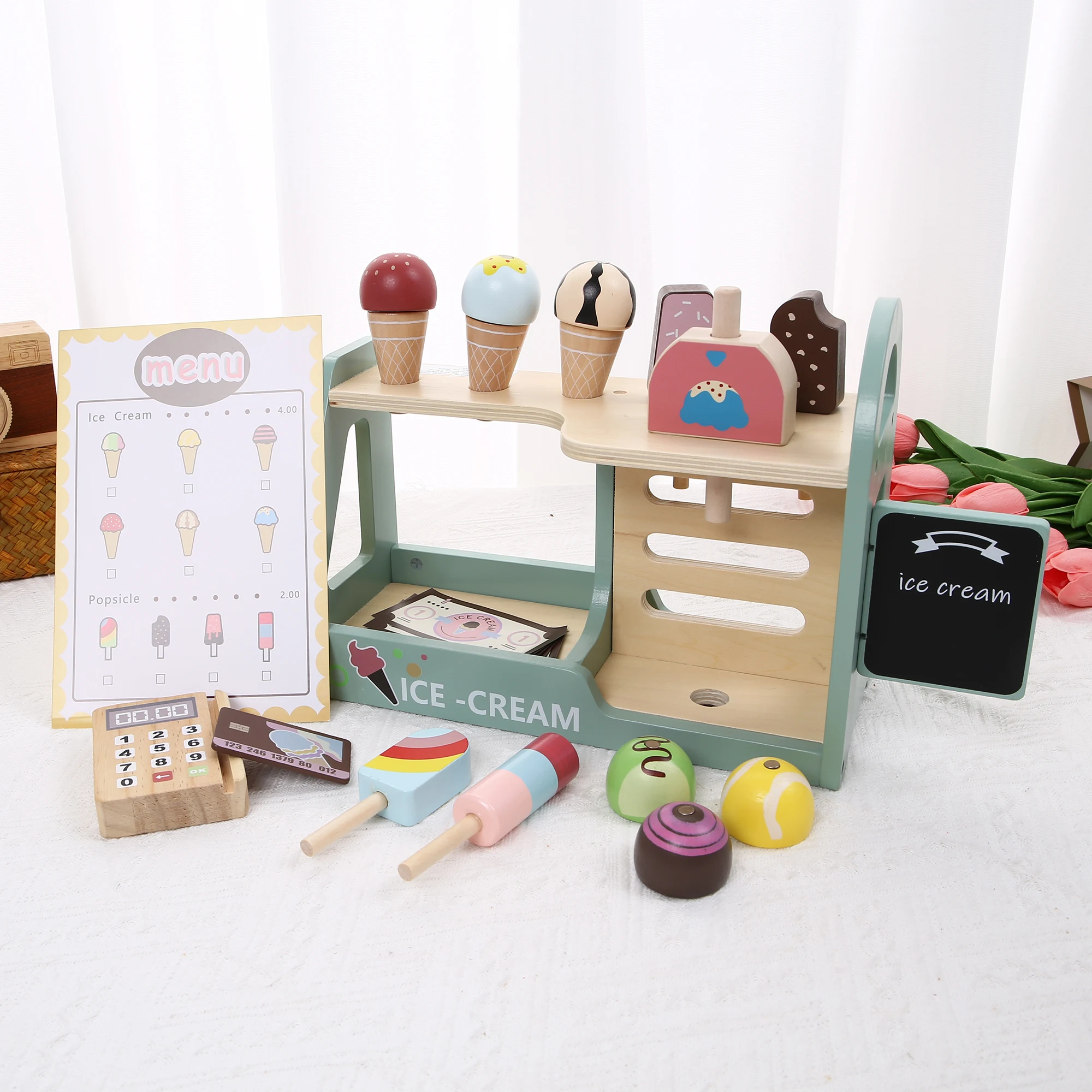ชุดของเล่นเคาน์เตอร์ไอศกรีมสำหรับเด็ก ชุดของเล่นทำอาหารไม้ ชุดของเล่นไอศกรีม ของเล่นเสริมพัฒนาการเด็กเล็ก