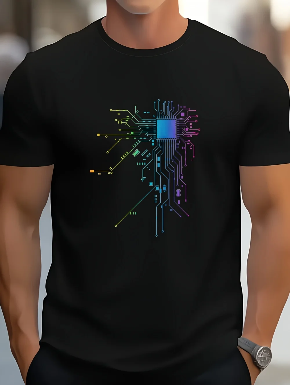 Men's Summer T-Shirt Circuit Board Cpu Graphic T-Shirt Vibrant Geometric Design Tech Enthusiast Short Sleeves Clothes for Men