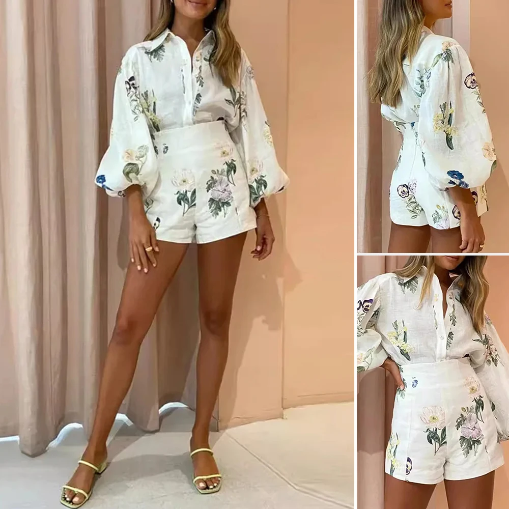 

Mia Muse Boutique женские летние модные комплекты повседневные рубашки с длинными рукавами и воротником с цветочным принтом, топ, шорты с высокой талией, повседневные комплекты для отпуска