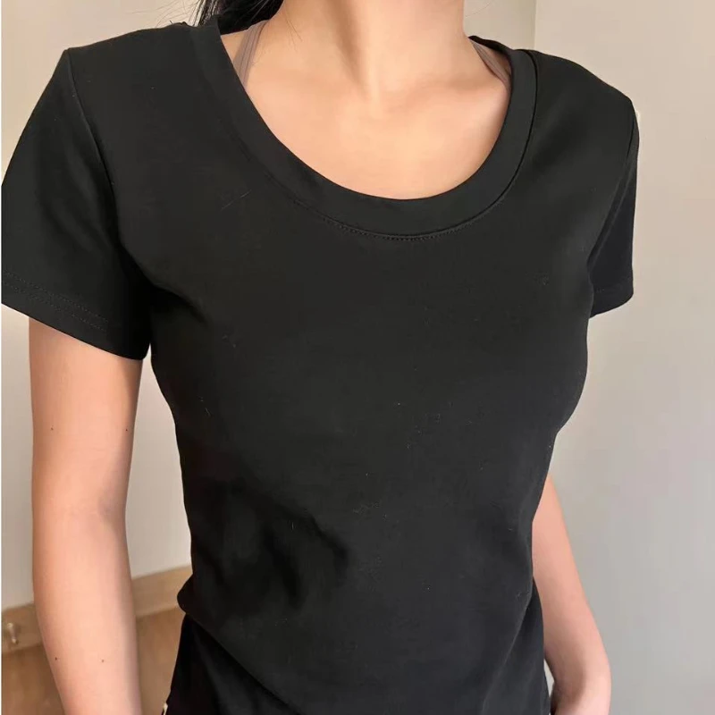 Short-sleeved T-shirt Women's Summer 2024 New Pure Cotton Slim Low U Neck Basic Top Shirts for Women Ropa De Mujer