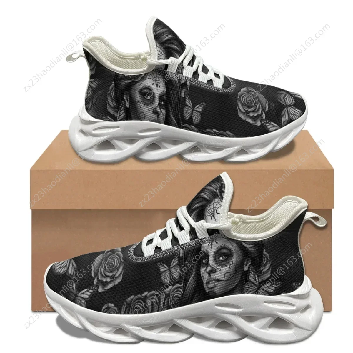 Halloween Gift Horror Gothic Skull Girl Design Lightweight Lace-up Shoes Outdoor Non-slip Breathable Flat Shoes Fashion Sneakers