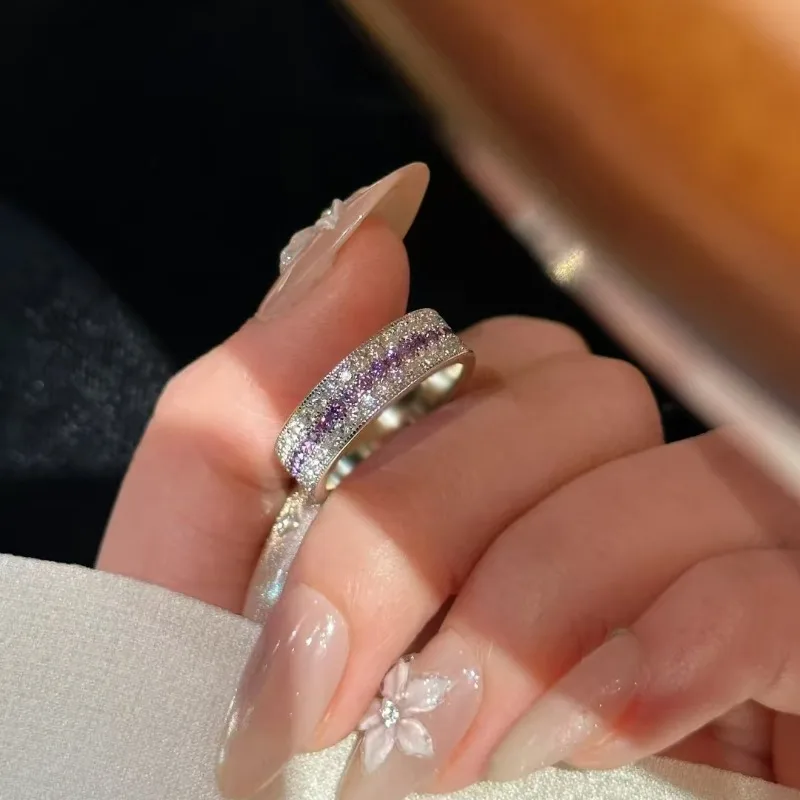Fashion light luxury ultra beautiful purple flashing rose purple row diamond ring senior sense heavy industry set  9999gold