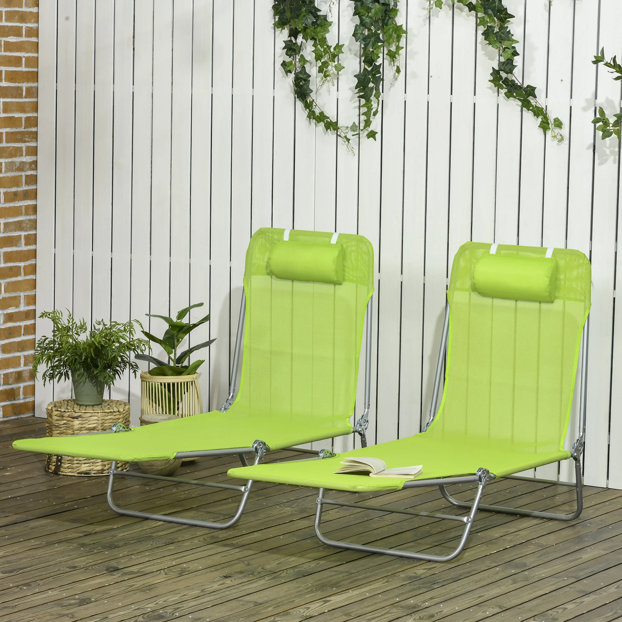 

2 Piece Folding Chaise Lounge Chairs, Pool Sun Tanning Chairs with Reclining Back,Headrest for Beach, Yard,Green