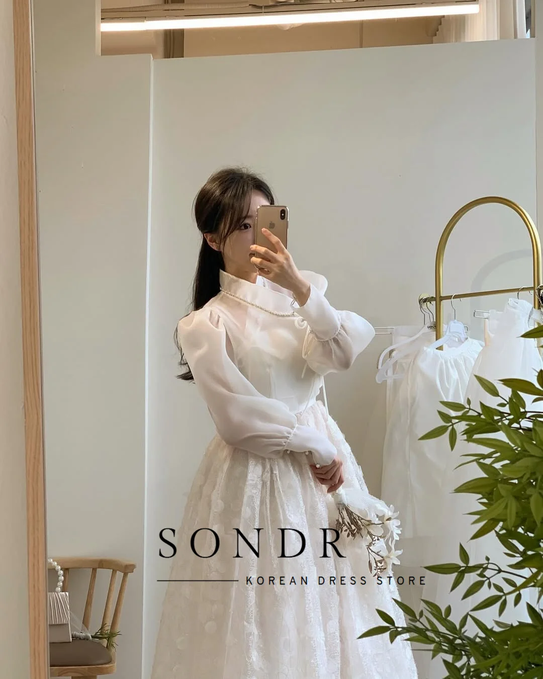 Sondr فساتين حفلات الزفاف الكورية الفاخرة الهانبوك مخصصة على شكل حرف v وأكمام طويلة من الحرير الأورجانزا والدانتيل فستان زفاف ملابس رسمية #4