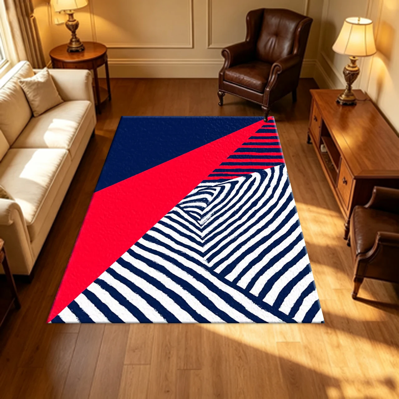 Bold Modern Striped Geometric Carpet Flooring Red Navy White Contrast Household Living Space Art Decor Indoor Area Floor Rug