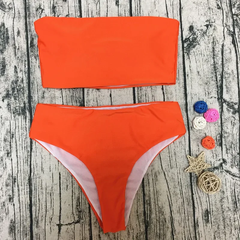 2024 Bikini Bandeau Sexy para mujer, traje de baño sólido alto de cintura, conjunto de Bikinis, traje de baño, Bikini de playa para mujer, bikinis Push Up