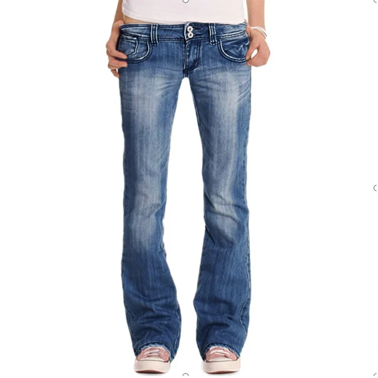 Women Flare Jeans Low Waist Double Button Vintage Washed Denim Pants Casual Ankle Length Classic Work Casual Y2k Streetwear 2026