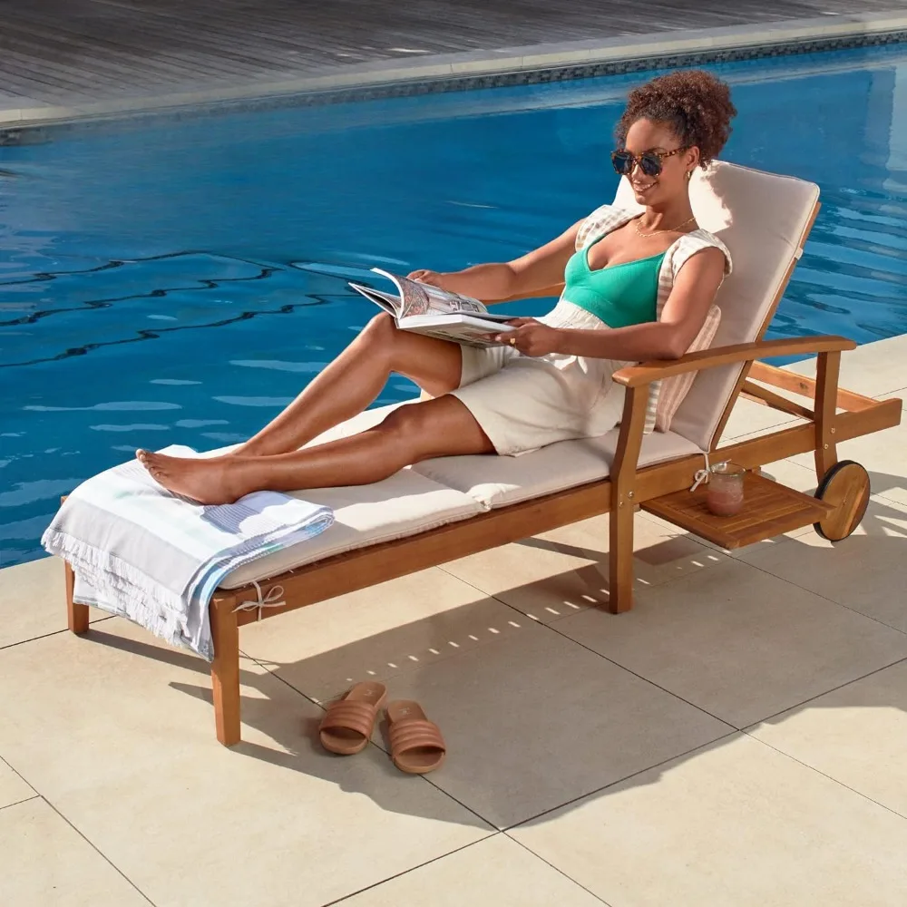 Terrace recliner in acacia wood, pool side with sliding out side table, foam padded cushion, adjustable backrest, wheels - cream