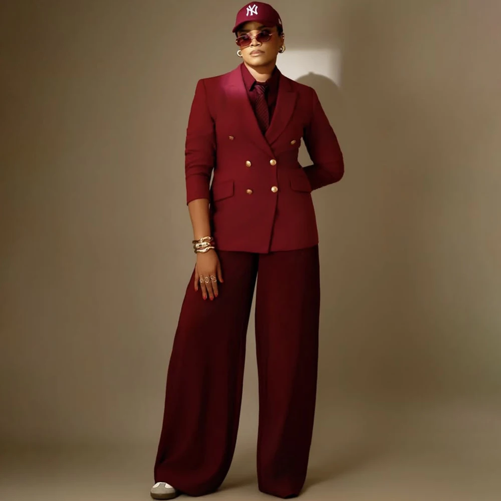 

Daily Casual Women's Burgundy Double Breasted Suit 2 Piece Set Formal Office Lady Jacket+Pants Outfit High-end Chic Female Wear