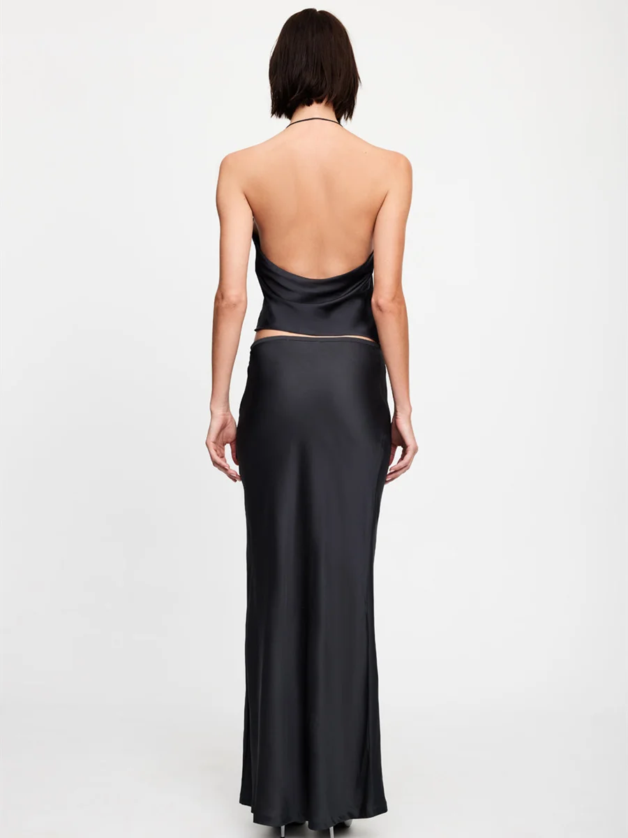 Mulheres Verão 2 Peças Vestido Set Roupas Cor Sólida Sem Mangas Tie-Up Halter Neck Backless Tanque Tops Cintura Baixa Saias Longas Set