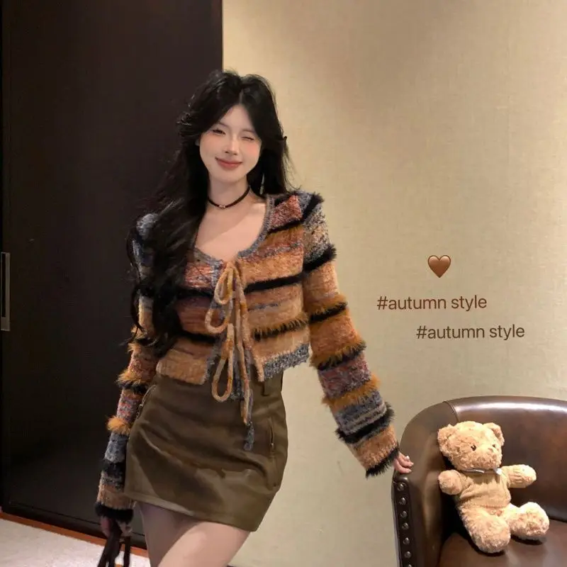 Womens Brown Striped Lace Up Cardigan Knitted Coat