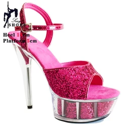 2023 Pink Platform Sandals for Woman Summer Crystal Heels Sandals 15CM Colorful Sequins Peep Toe Pole Dance Shoes Chic Stiletto