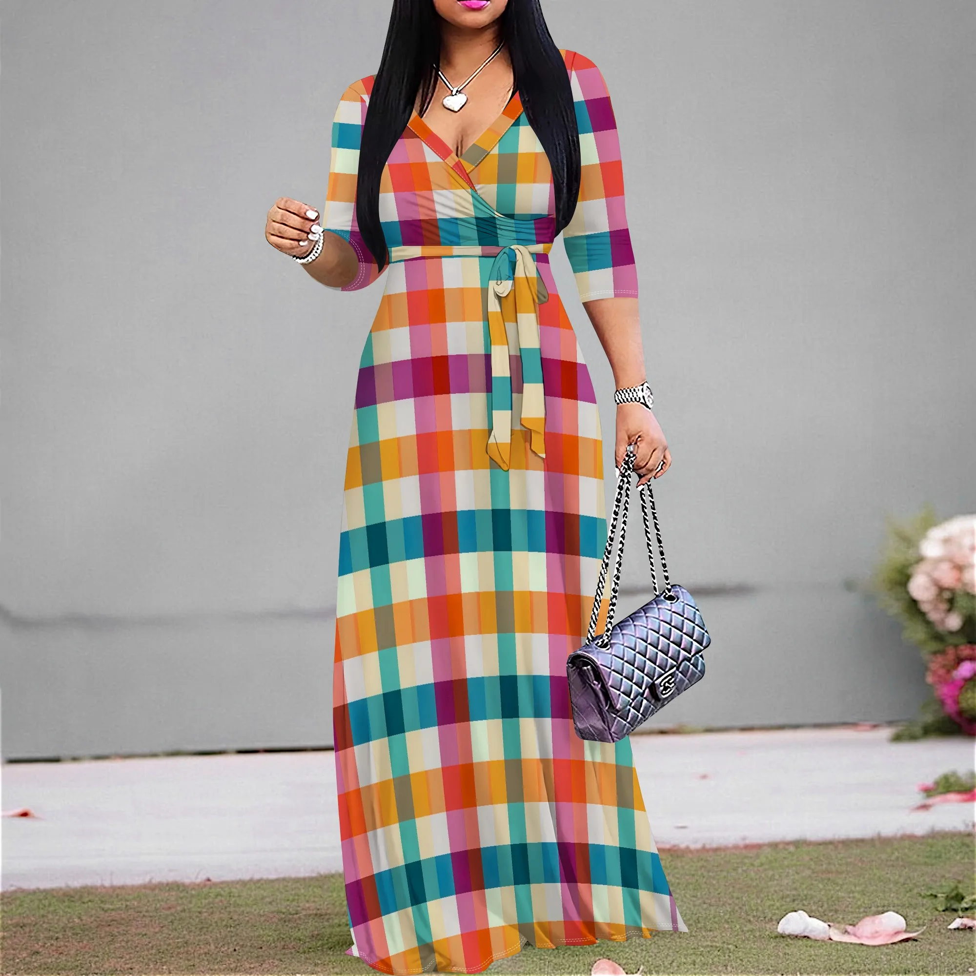 

Boho Plaid Print Maxi Dress for Women V-Neck 3/4 Sleeve A-Line With Belt Autumn Thanksgiving & Picnic Outfits