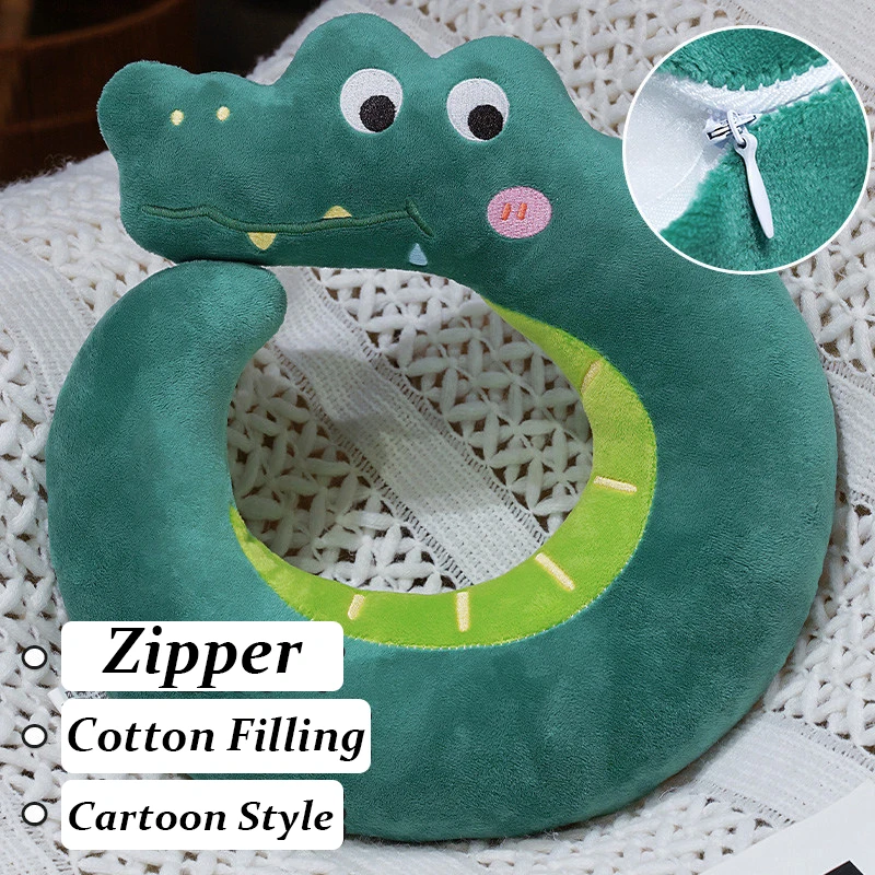 Green Crocodile Shape Plush Travel Pillow Soft Cotton Stuffed U-Shaped Neck Pillow Head Support Travel for Airplane/Car/Train