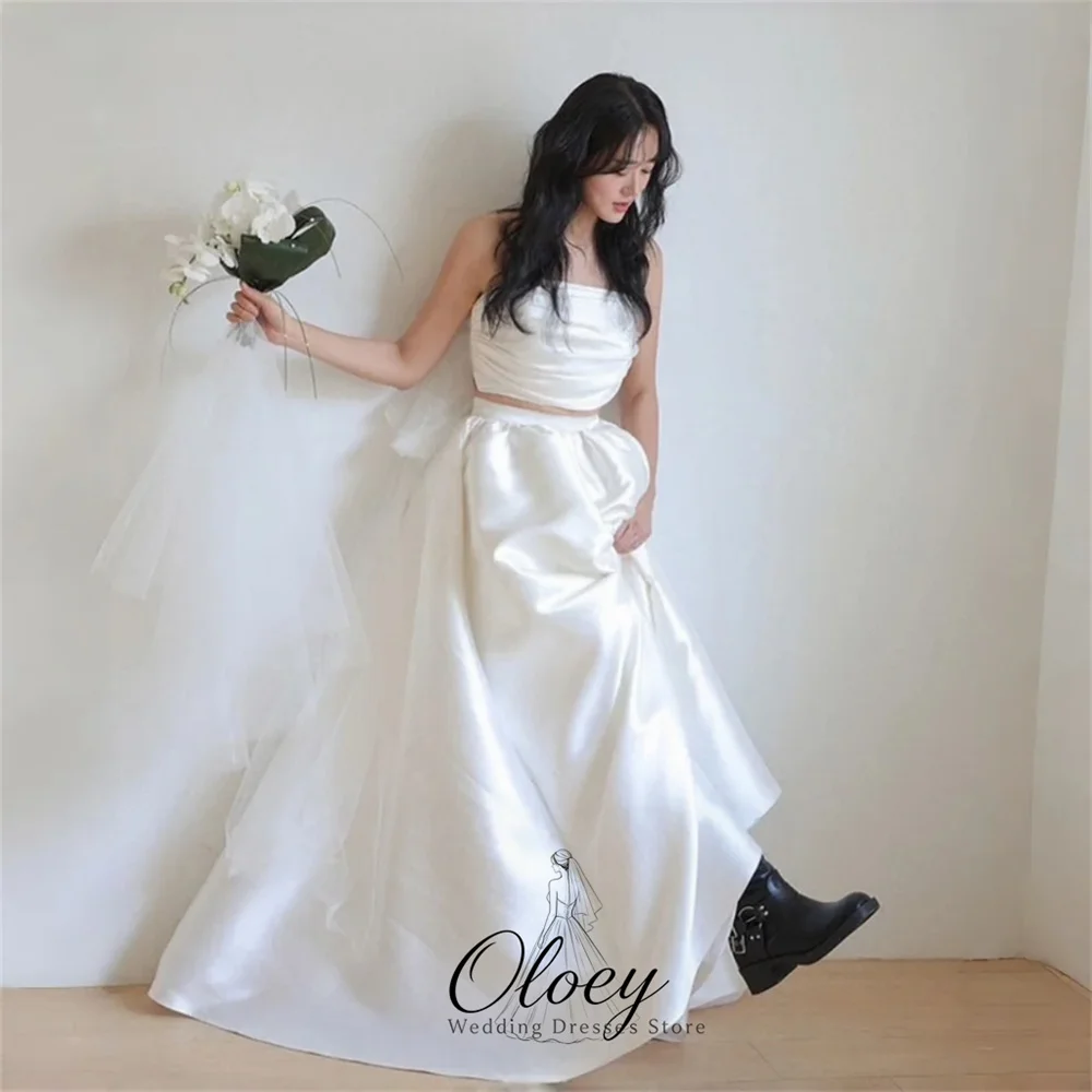 OLOEY Elegant A-Line Satin Korea Wedding Dress Photo Shoot Strapless Two Piece Bridal Gown Customized Outdoor Wedding Dress