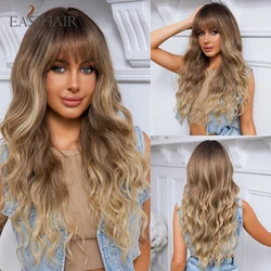 Ombre Light Brown Wigs with Bangs Blonde Highlight Long Curly Wavy Synthetic Wigs for Women Daily Cosplay Party Heat Resistant