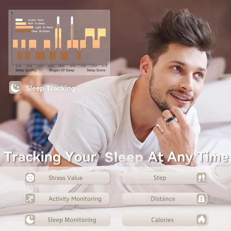 남녀공용 스마트 링, 심박수 및 혈중 산소 모니터링 기능, 다양한 스포츠 모드, 안드로이드 및 iOS 호환
