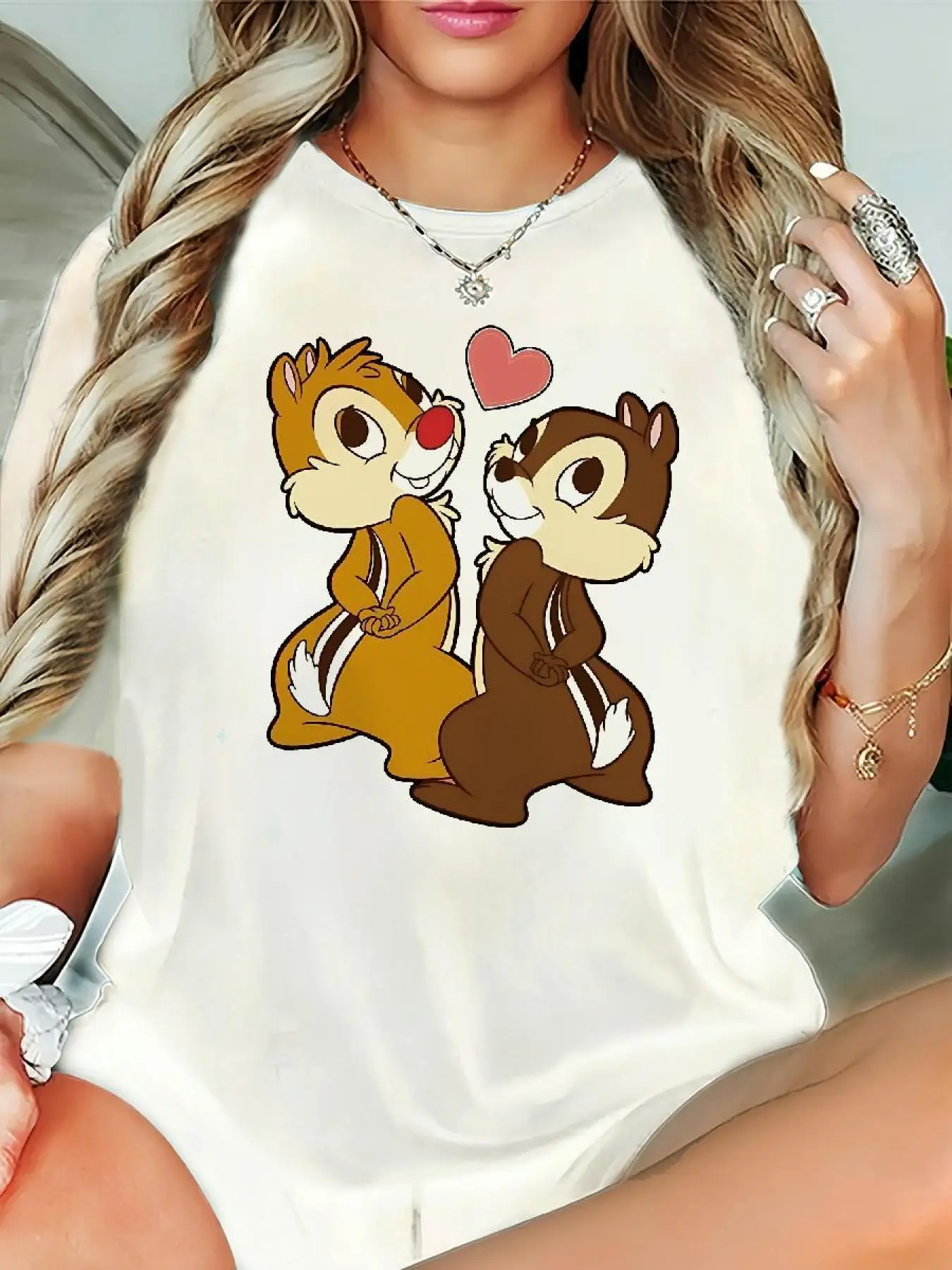 2025 Disney Pattern Printed Women's Casual Comfortable Unique Smiling Face Black Round Neck Short Sleeve T-shirt