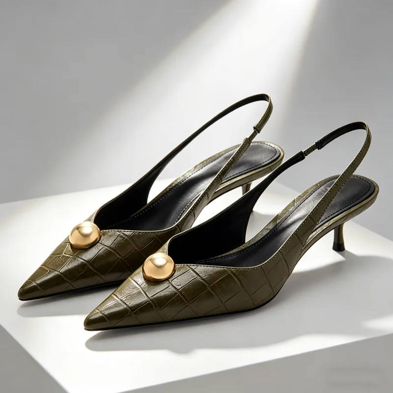 Metallic Buckle Leather Print Detail Women Pumps Sexy Pointed Toe Slingback Medium Heels for Ladies Elegant Women Designer Shoes