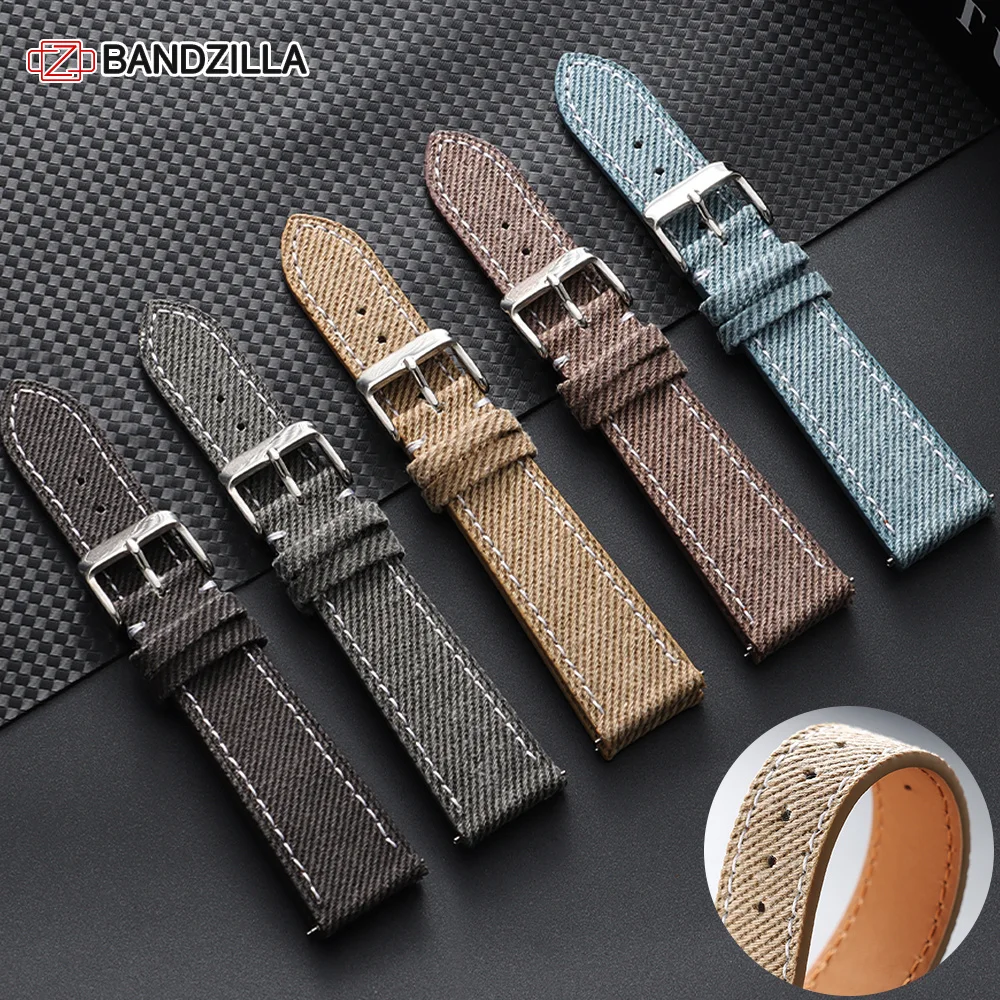 Denim-Segeltuch-Uhrenarmbänder mit Dornschließe, Nylon-Leder-Uhrenarmband für Seiko und Omega, 18mm 20mm 22mm Schnellverschluss-Armband