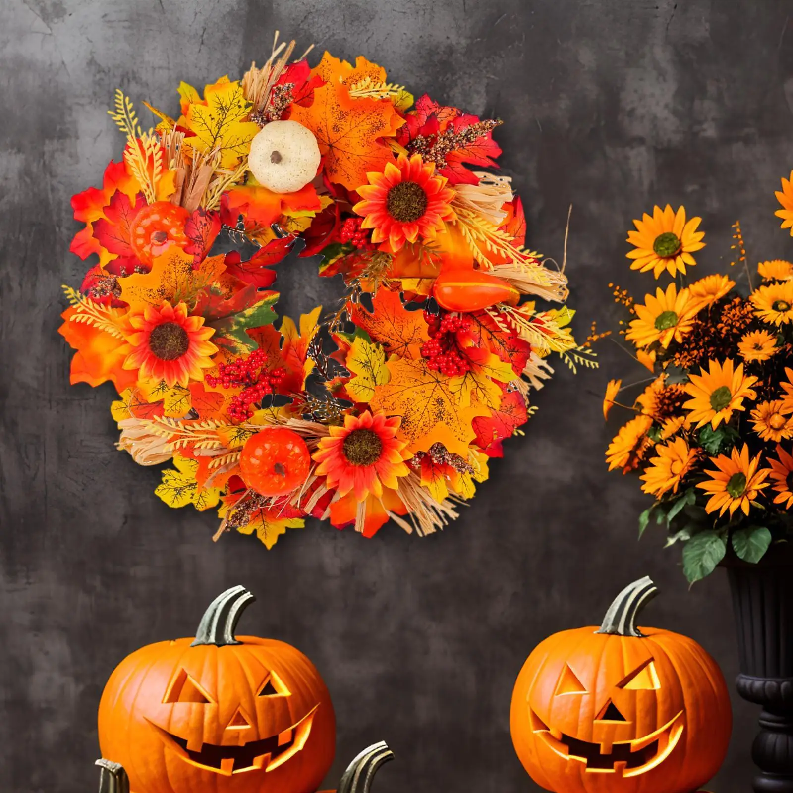 إكليل الخريف مقاس 16 بوصة للباب الأمامي، إكليل واقعي مصنوع يدويًا ومتعدد الاستخدامات