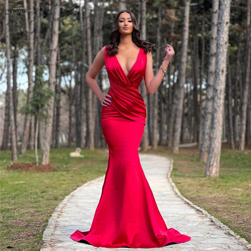 

Sexy V-Neck Red Prom Dresses Long Satin Vestidos De Fiesta Simple Satin Women Formal Dress Mermaid Evening Gowns Ballkleider