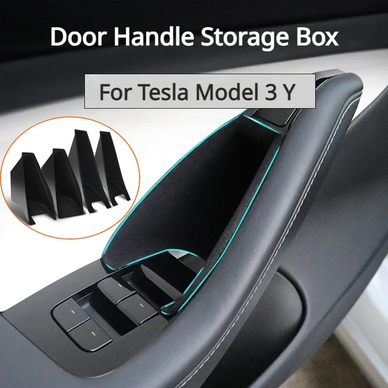 Door Handle Storage Box for Tesla Model 3 Y Front Back Door Handle Armrest Tray Organizer Flocked Box Car Interior Accessories