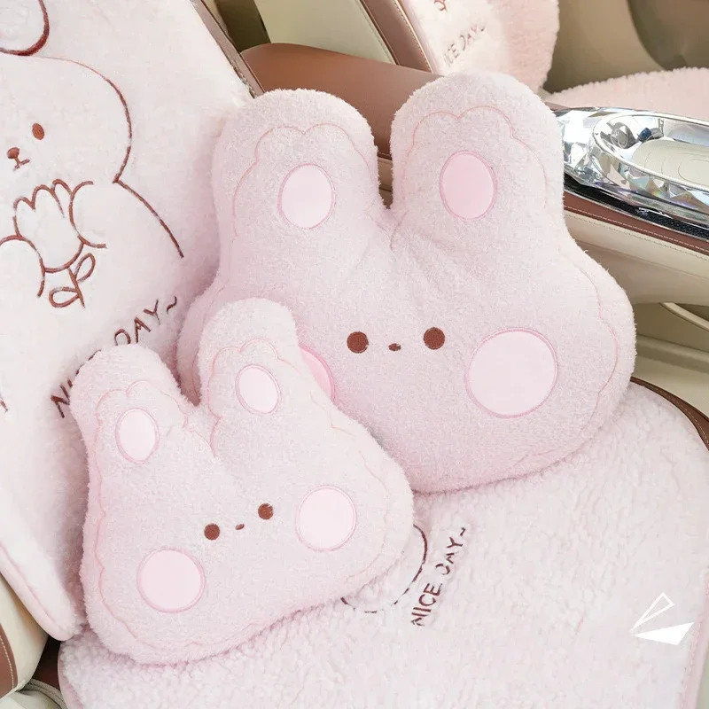 Cute Little Rabbit Car Headrest Soft Comfortable Neck Pillow Steam Velvet Waist Pillow Kawaii Auto Accessories Car Seat Pillow