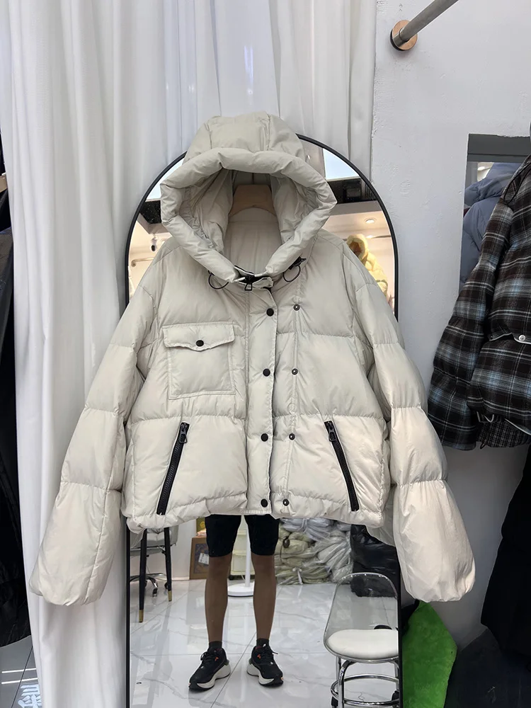 

Winter new down jacket women's short style double row button hooded fashion zipper design loose white duck down jacket