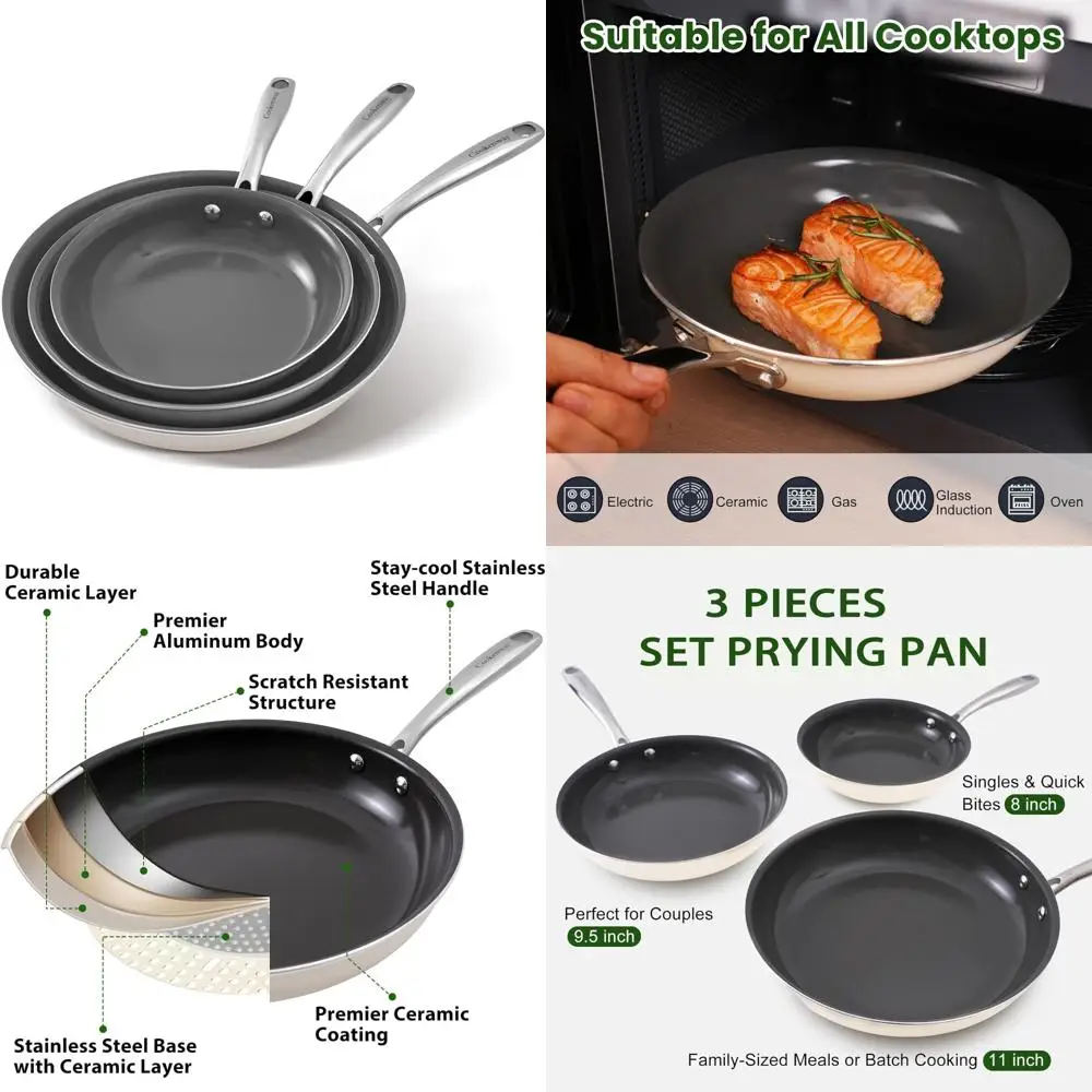 

Набор керамической посуды с антипригарным покрытием — 8 9,5 и 11 дюймов, сковороды для жарки яиц, ПТФЭ, PFOA и PFAs Free, безопасные сковороды для приготовления яиц в духовке для здорового C